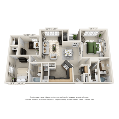 Floor plan for 3 beds, 2 baths, 1362 sqft